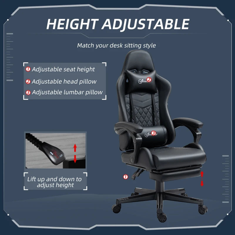 Vinsetto Gaming Chair with Footrest - 130° Recline, Lumbar Support, Adjustable Height - Ergonomic Black Desk Chair for Adults