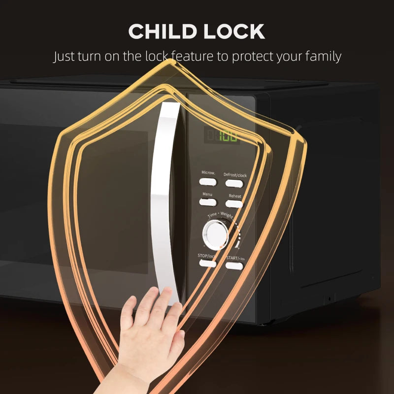 Compact 800W Black Microwave Oven - Digital Solo, 5 Power Levels, 8 Auto Cook Menus, 60 Min Timer, Easy Clean