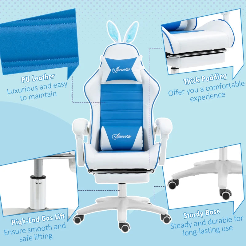 Vinsetto Racing Gaming Chair - Reclining PU Leather with Removable Rabbit Ears, Footrest & Lumbar Support - Blue