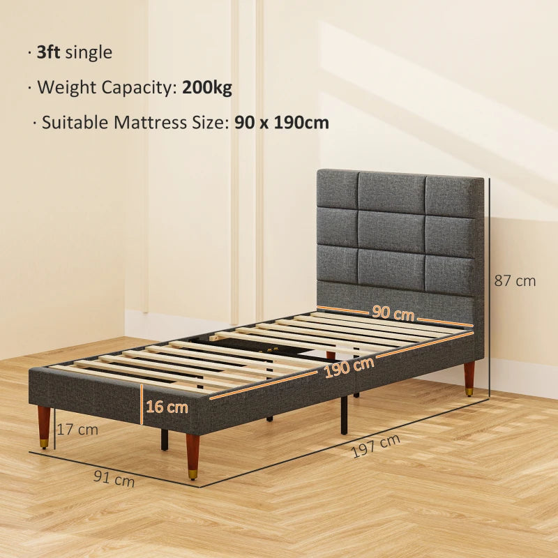 Stylish Grey Upholstered Single Bed Frame with Slats 161x208x121cm for Modern Bedrooms