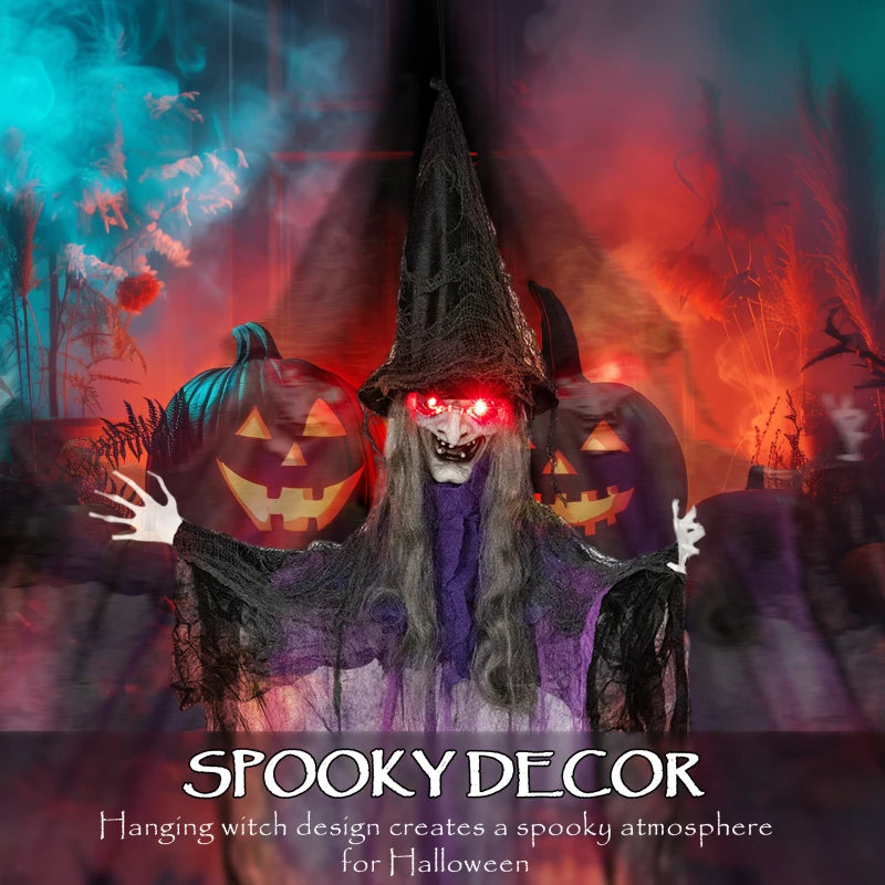 183 cm Life Size Animated Hanging Witch with Glowing LED Eyes - Spooky Halloween Decoration, Battery Operated Indoor Party Prop