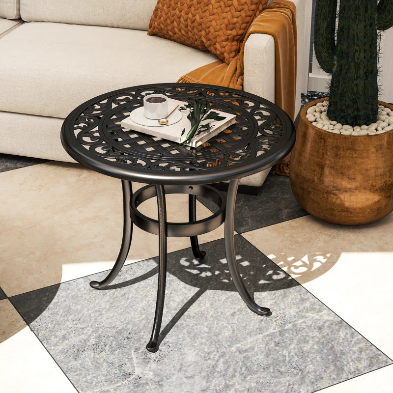 60cm Black Round Garden Table - Outdoor Hollow Top Design Side Table with Cast Aluminium Frame for Patio, Garden, Balcony