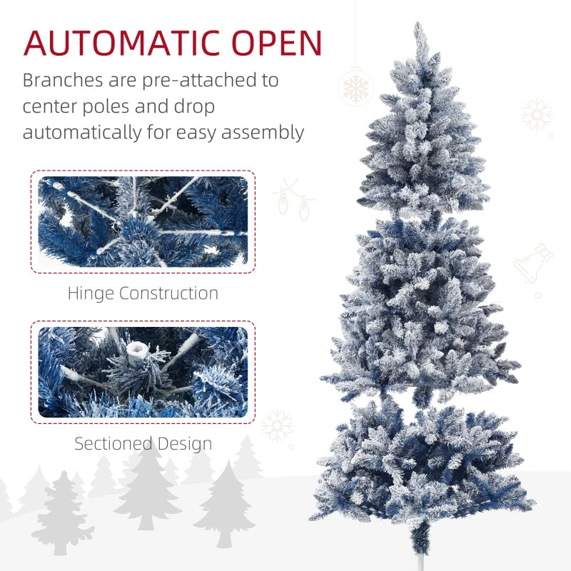 6ft Flocked Artificial Christmas Tree with 700 Snow Frosted Tips & Metal Stand - Snowy Hinged Xmas Tree in Blue