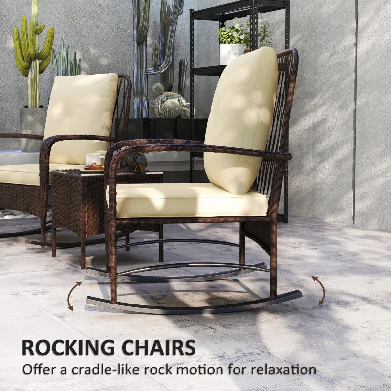 Brown Rattan Three-Piece Rocking Chair Bistro Set - Outdoor Furniture, Comfortable Seating