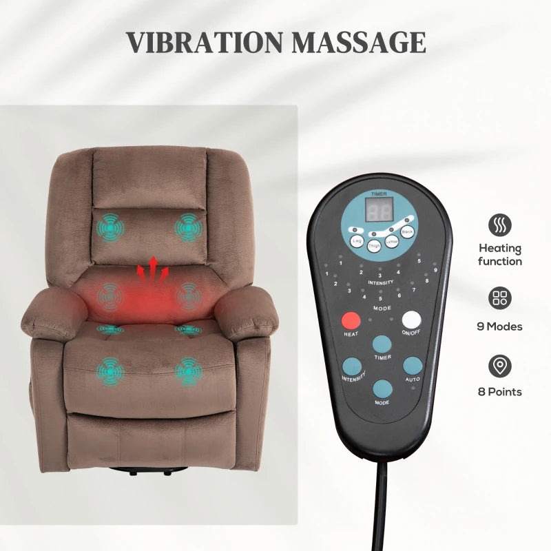 Velvet Electric Lift and Recline Massage Armchair with Remote Control in Brown
