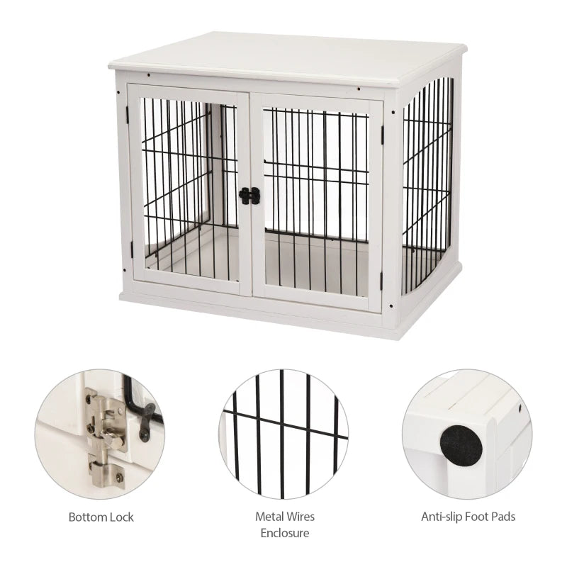 Stylish Dog Crate Furniture - Puppy End Table Kennel with 2 Doors for Medium & Small Dogs, White, 81x58.5x66 cm