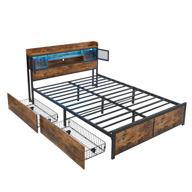 Metal Double Bed with LED Light Strip, USB Ports & 2 Drawers - Sturdy Iron Frame, Black, 207x135.5x83.5 cm