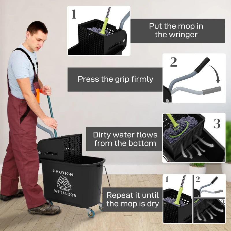 20L Compact Mop Bucket on Wheels with Water Separation Panel - Durable Black Cleaning Solution for Efficient Floor Care