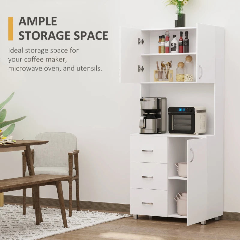 Free Standing Kitchen Cupboard - White Storage Cabinet with Doors, Shelves, 3 Drawers & Adjustable Height - Versatile Kitchen Organizer