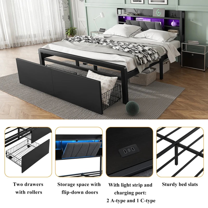 Modern Metal Bed Frame with LED Lights & Charging Ports, Storage Drawers, Padded Headboard, 209x137.5x100 cm, Black
