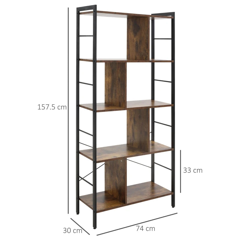 Industrial 5-Tier Storage Unit Bookcase with Open Compartments - Rustic Brown & Black for Office, Living Room, Bedroom