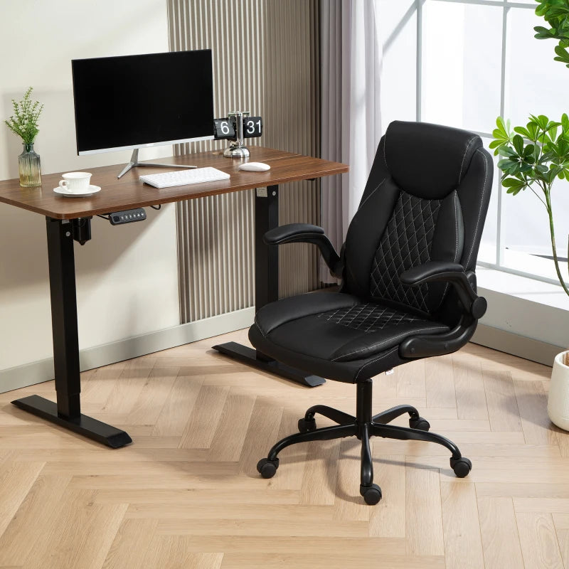 Ergonomic Faux Leather Office Chair with Flip-Up Armrests - Stylish Black Design for Comfort and Productivity
