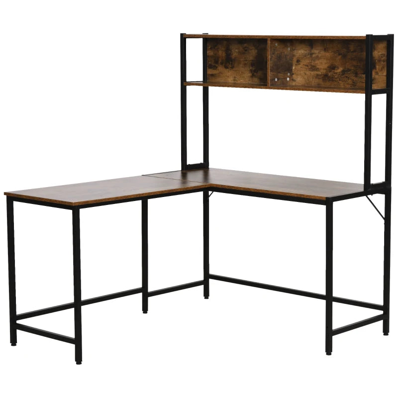 Industrial L-Shaped Desk with Bookshelf - Corner Computer Writing Table, Steel Frame, 140x125cm, Brown for Home Office & Study