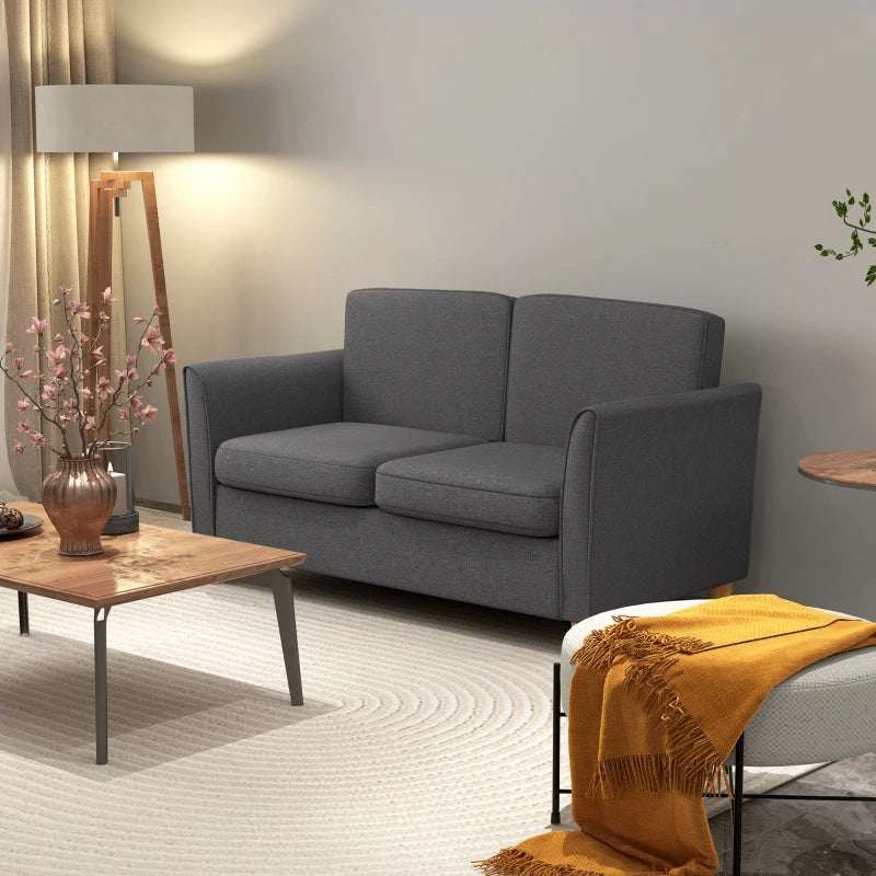 Modern Compact Loveseat Sofa for Living Room with Wooden Legs and Armrests in Dark Grey