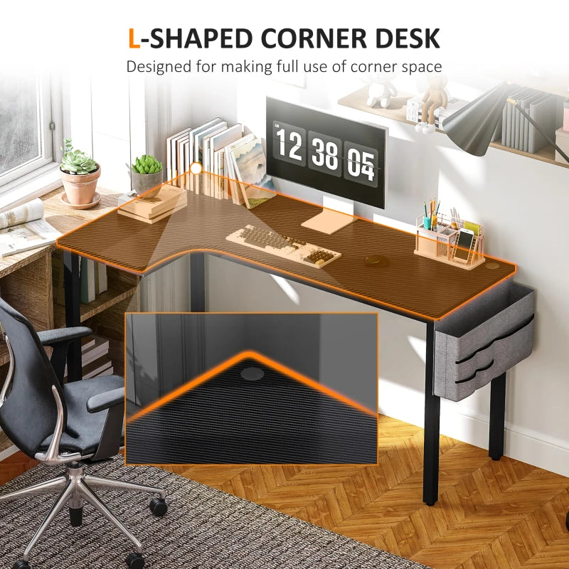 L-Shaped Gaming Desk with Fabric Bag, Hooks & Cable Management - 145x81x76cm - Stylish Black Computer Desk