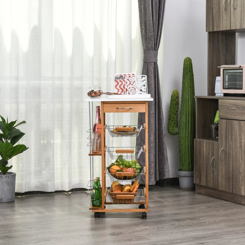 Rolling Kitchen Cart with 4 Basket Drawers & Side Racks - Utility Storage on Wheels for Dining Room, Brown Finish
