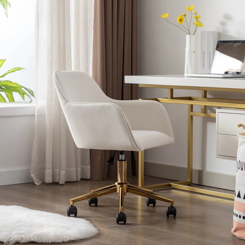 Ivory Velvet Adjustable Height Swivel Executive Office Chair with Gold Legs & Ergonomic Backrest - 58x58x86 cm