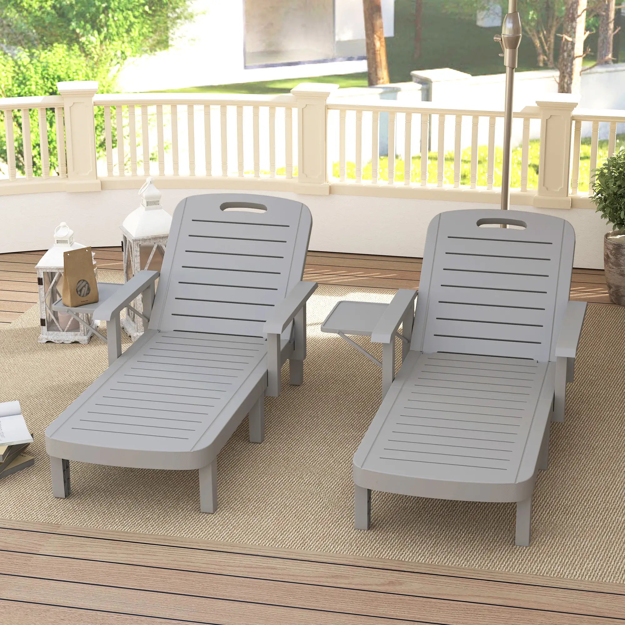 Light Grey Set of 2 Resin Reclining Sun Loungers for Garden - 5 Positions - Adjustable Outdoor Chaise Lounge Chairs