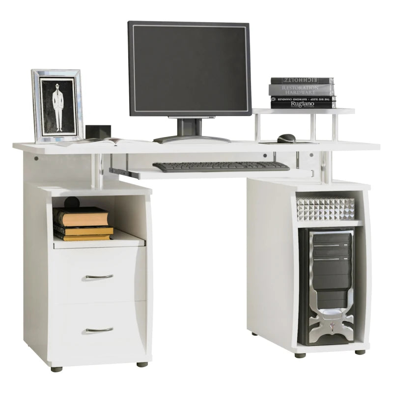 Modern White Computer Desk with Keyboard Tray, CPU Shelf, Drawers & Sliding Scanner Shelf - Ideal Office Workstation