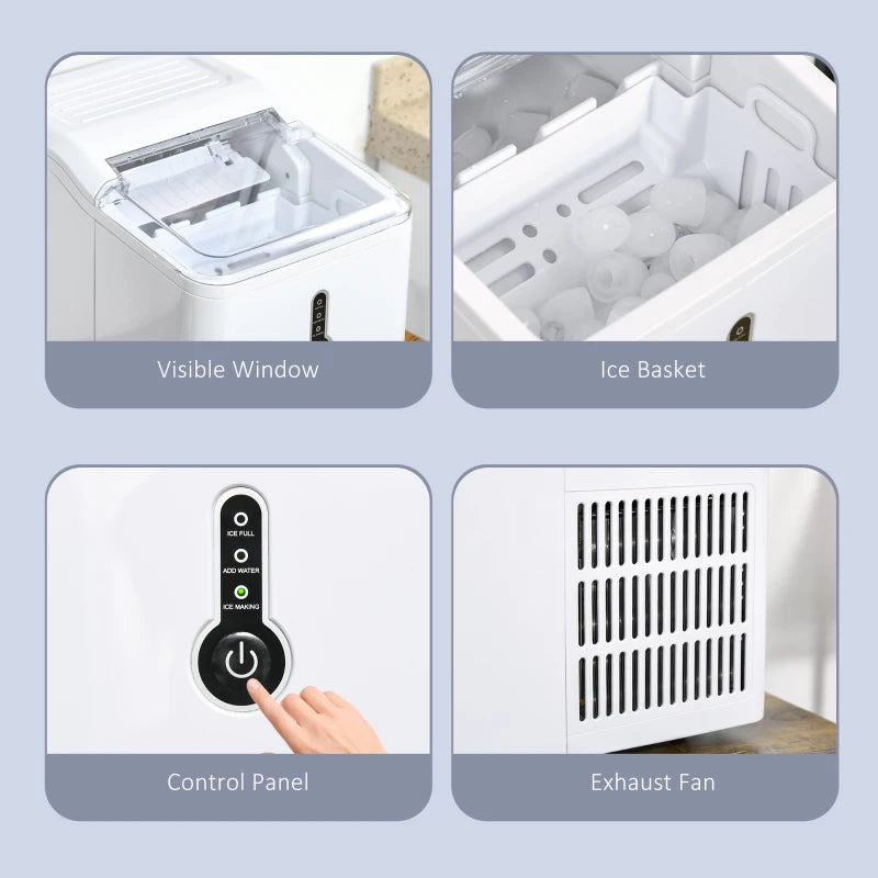 Compact Ice Maker Machine - 1.5L Countertop, Self-Cleaning, 9 Cubes in 8 Mins, 12kg/24hrs, No Plumbing, White