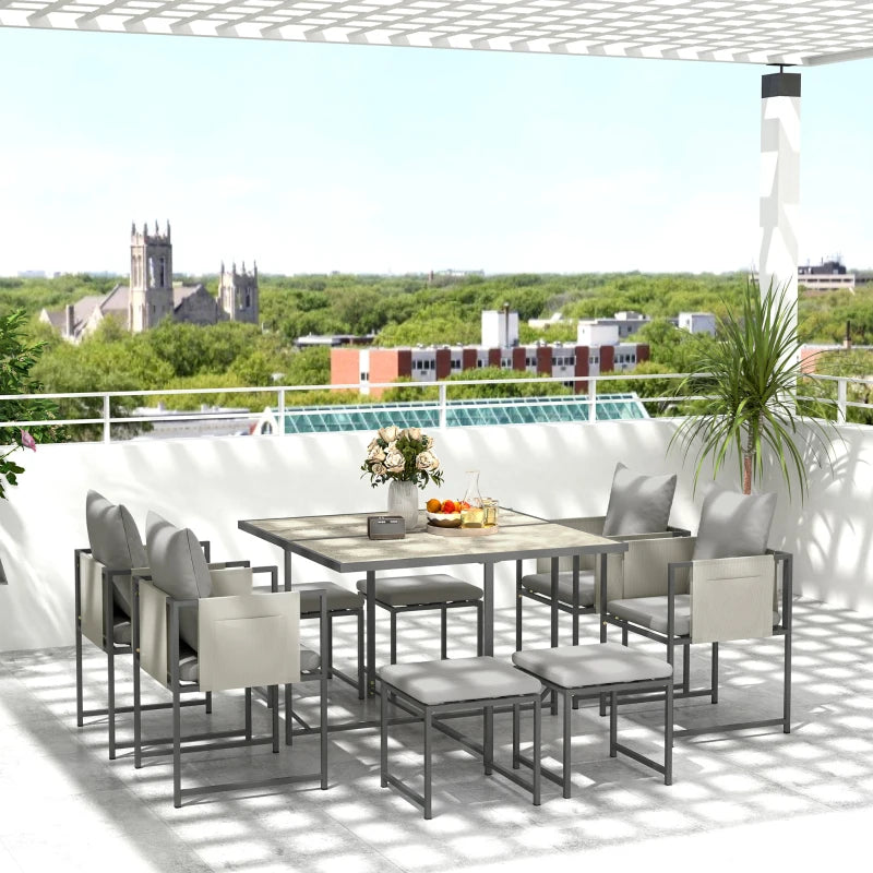 Nine-Piece Grey Steel Frame Garden Dining Set - Outdoor Furniture for Patio and Backyard
