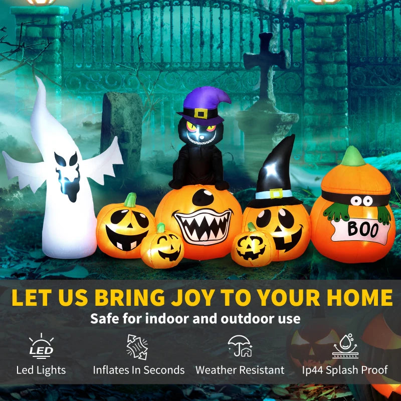 8FT Halloween Inflatables Combo - Pumpkin, Ghost & Cat with 9 LEDs - Self-Inflating Outdoor Decorations for Garden Party