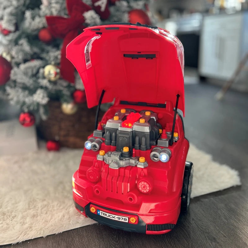 Kids Truck Engine Toy Set Educational Car Service Station Playset Take Apart Workshop with RC Car Key Steering Wheel Horn Light for Toddlers Ages 3 to 5 Red
