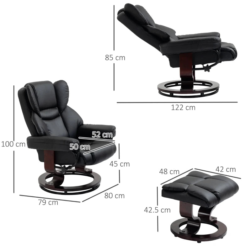 Faux Leather Recliner Chair with Footstool - Swivel Armchair with Adjustable Backrest and Solid Wood Base in Black