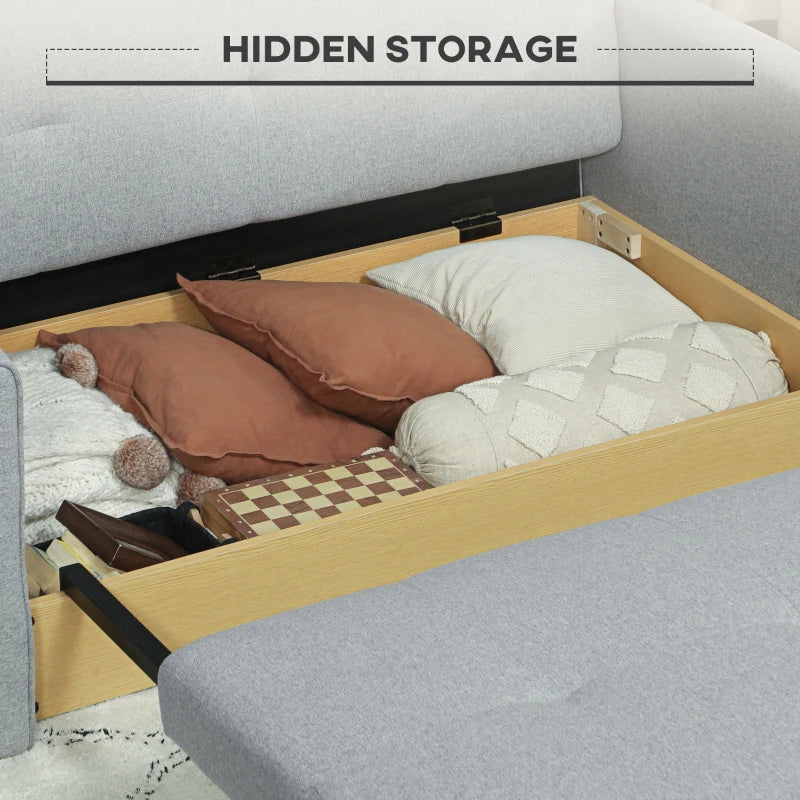 Modern 2 Seater Sofa Bed with Hidden Storage, Linen Loveseat Couch and Cushions for Living Room, Light Grey
