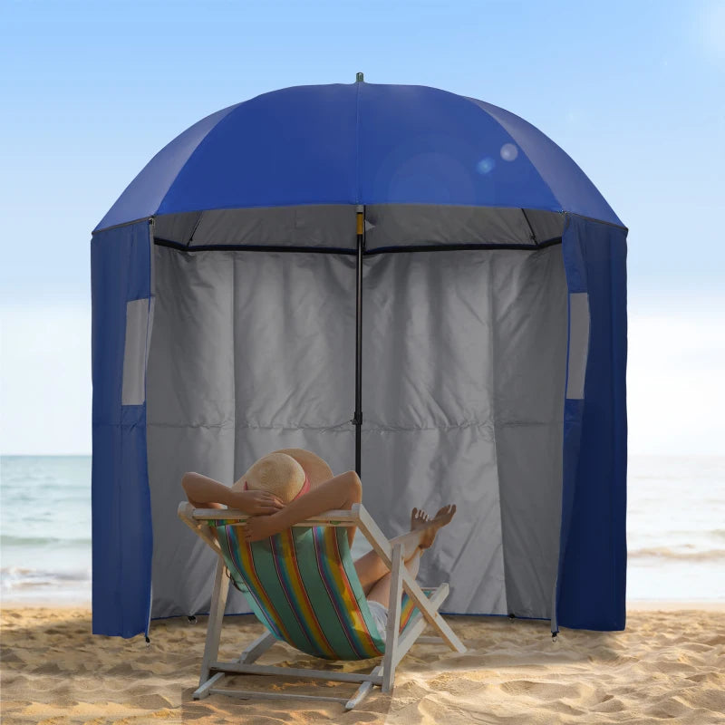 Blue Beach Fishing Umbrella with Sides and Tilt Sun Shade