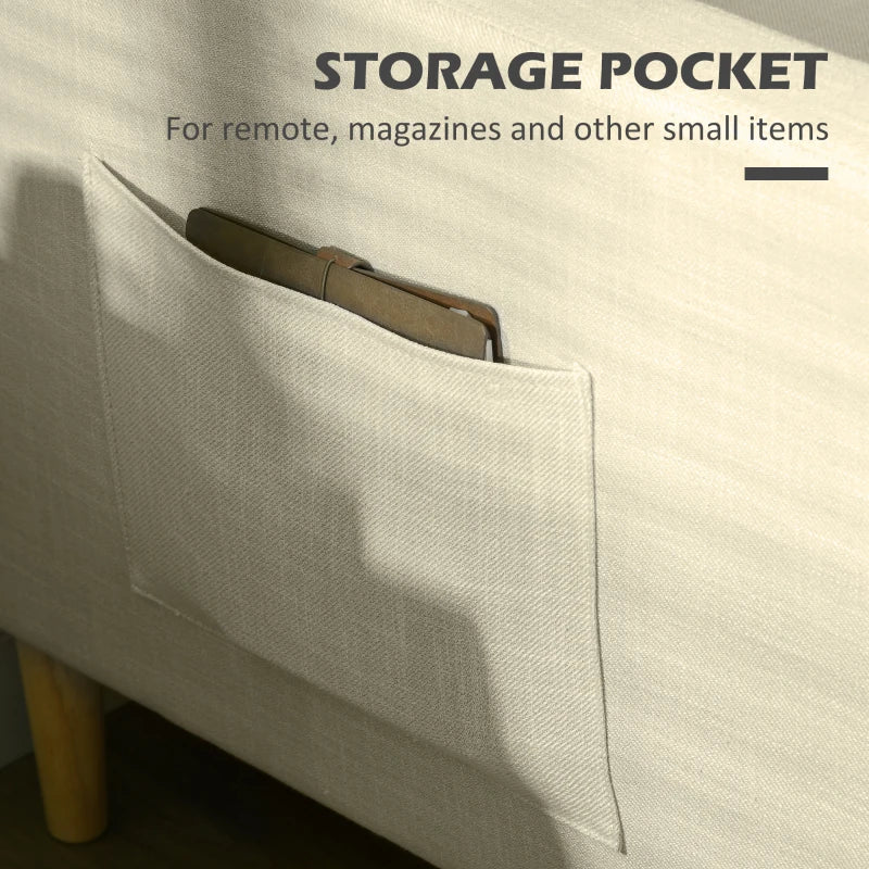 Modern Two-Seater Sofa for Living Room, Stylish Fabric Couch with Wooden Legs and Storage Pockets, Beige