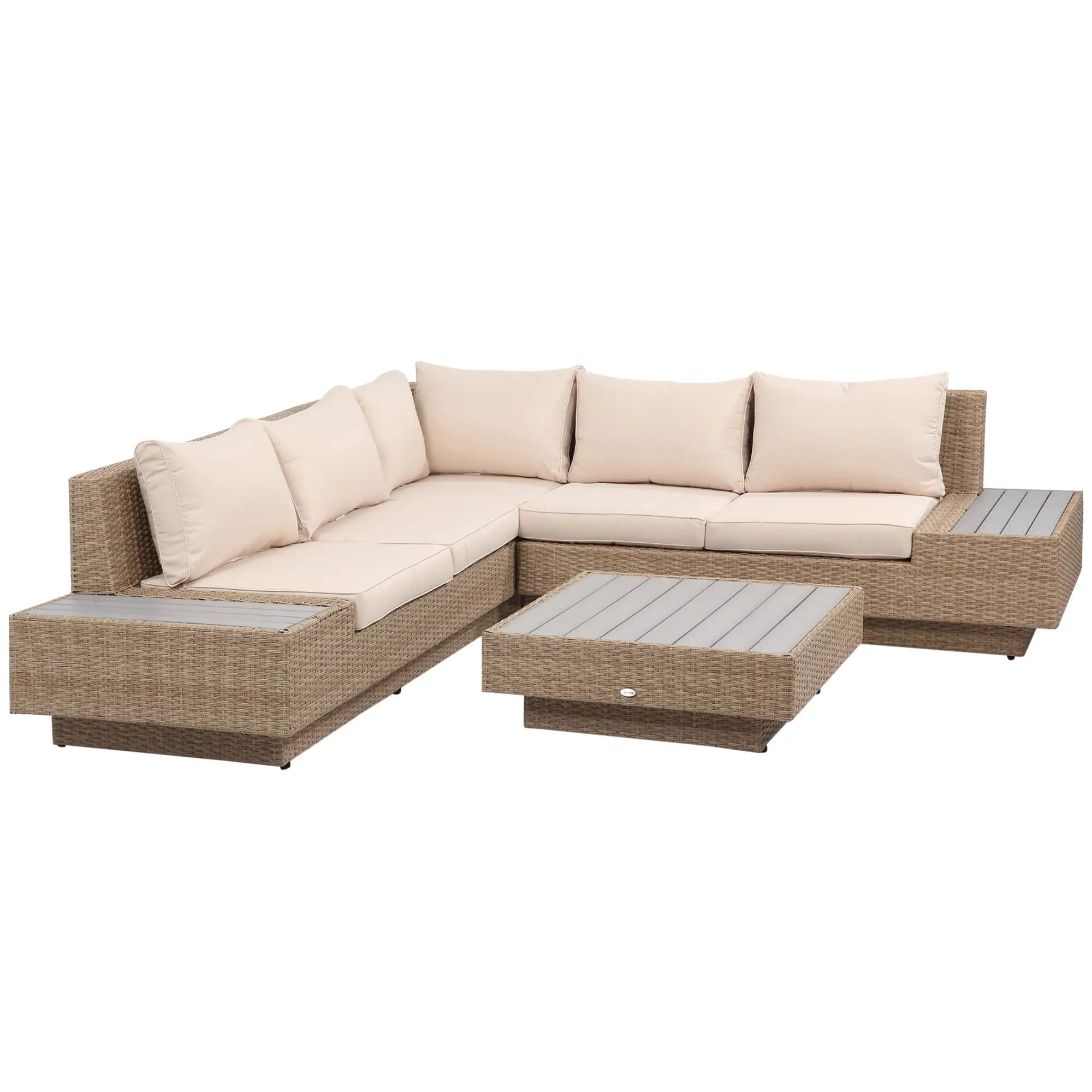 Beige 5 Seater Rattan Corner Sofa and Coffee Table Set