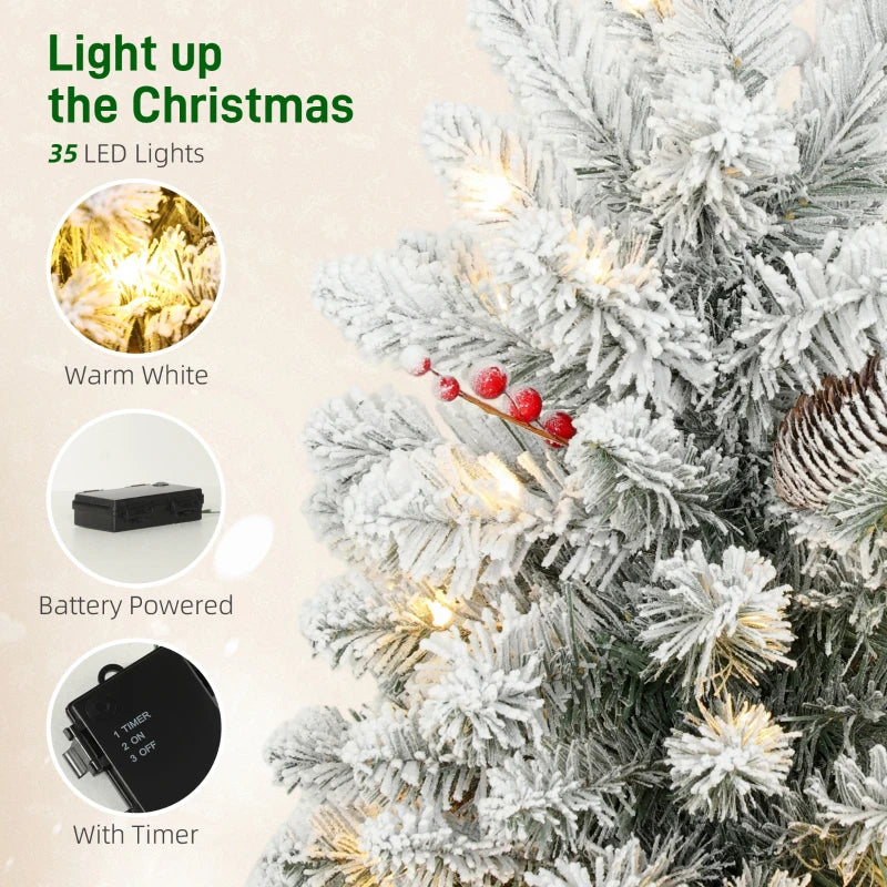 60 cm Prelit Small Christmas Tree - 35 LED Lights, Snow Flocked Mini Xmas Tree with Pine Cones & Berry Clusters