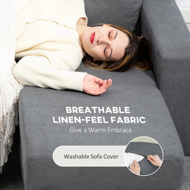 L-Shaped 3 Seater Sofa with Footstool - Fabric Sectional Couch for Small Spaces, Dark Grey, Ideal for Living Room or Office