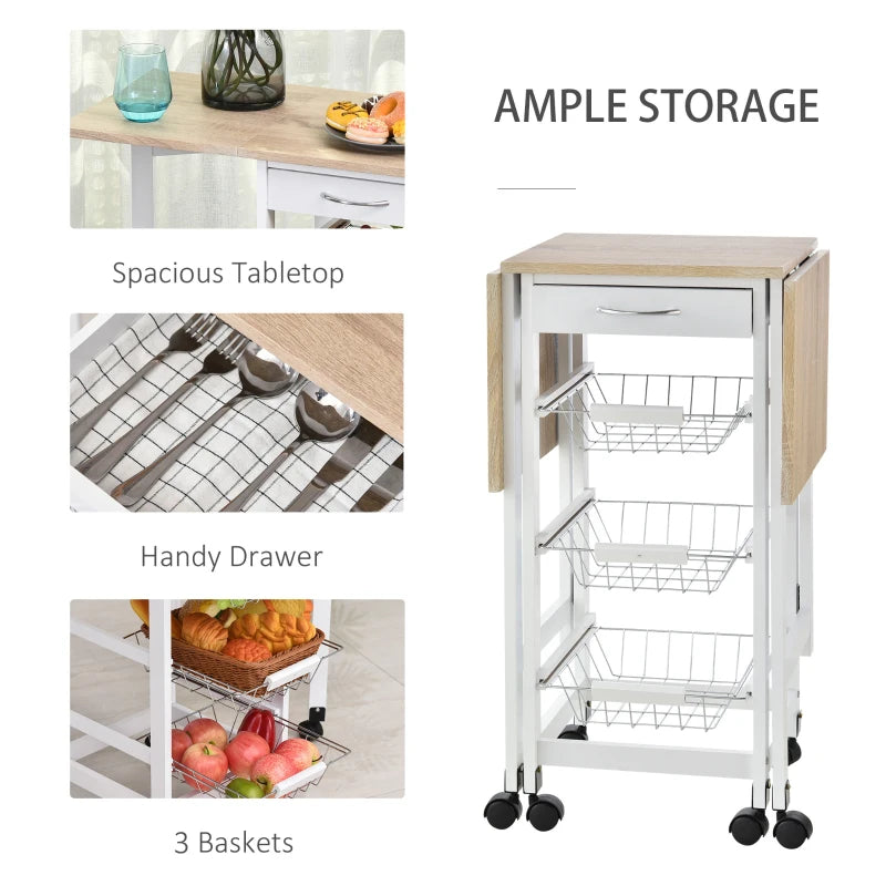 Drop-Leaf Kitchen Cart Trolley with 3 Baskets & Drawer - Rolling Storage Unit on 6 Wheels - White Oak Tone