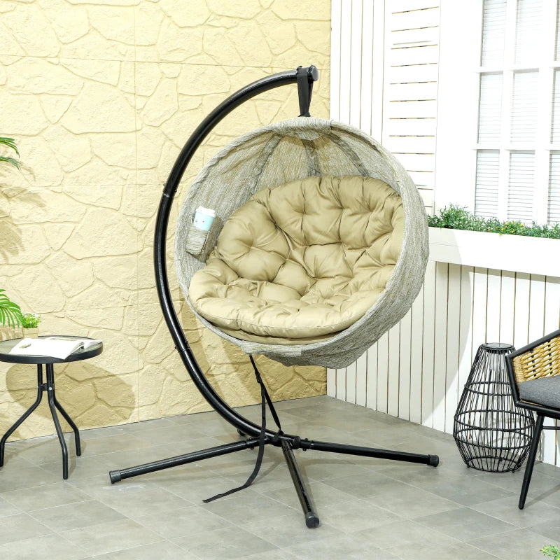 Hanging Egg Chair - Khaki Outdoor Indoor Garden Swing Chair with Stand, Thickened Cushion & Cup Holder - Folding Basket Design