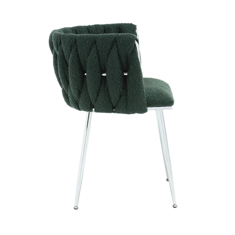 Set of 2 Modern Emerald Dining Chairs with Silver Legs, Hand-woven Backrest, Upholstered Boucle Armrests, 54x52x73 cm
