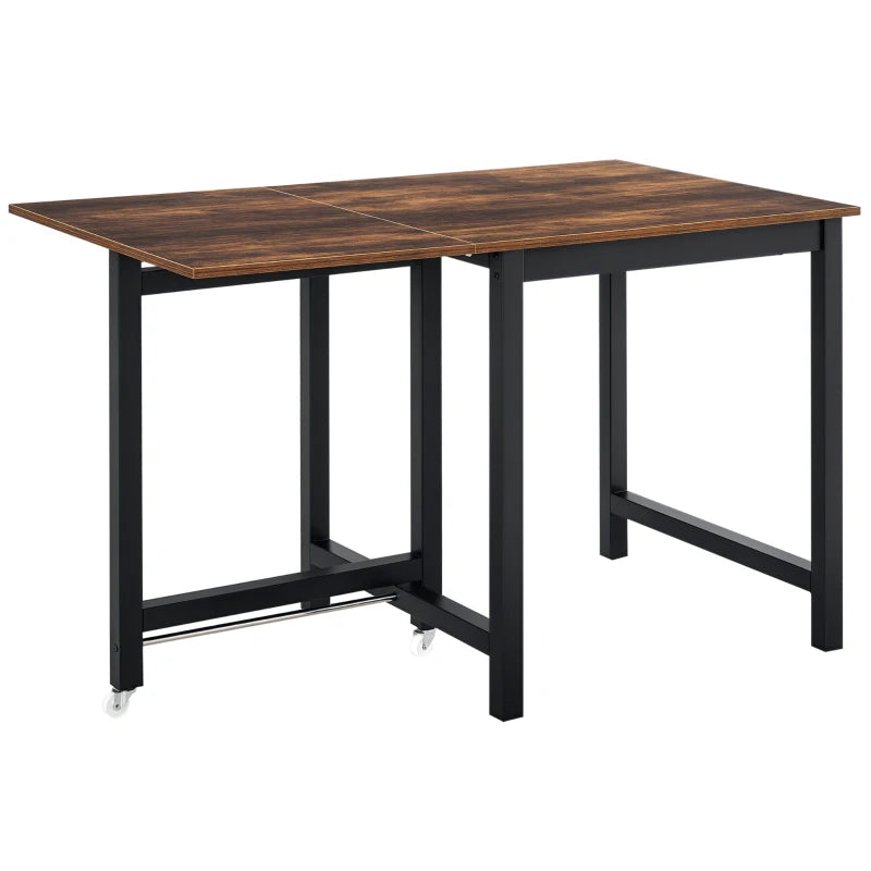 Industrial Folding Dining Table with Wheels - Rustic Brown Drop Leaf Table for Kitchen & Dining Room, Space Saving Design