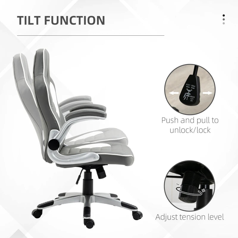 Vinsetto Grey Gaming Chair - PU Leather Office Desk Swivel Chair with Adjustable Height, 90° Flip-up Armrests & Rolling Wheels