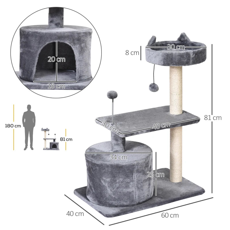 Premium Cat Tree for Indoor Cats - Scratching Post, Climbing Tower, Activity Centre, Grey, 60L x 40W x 81H cm