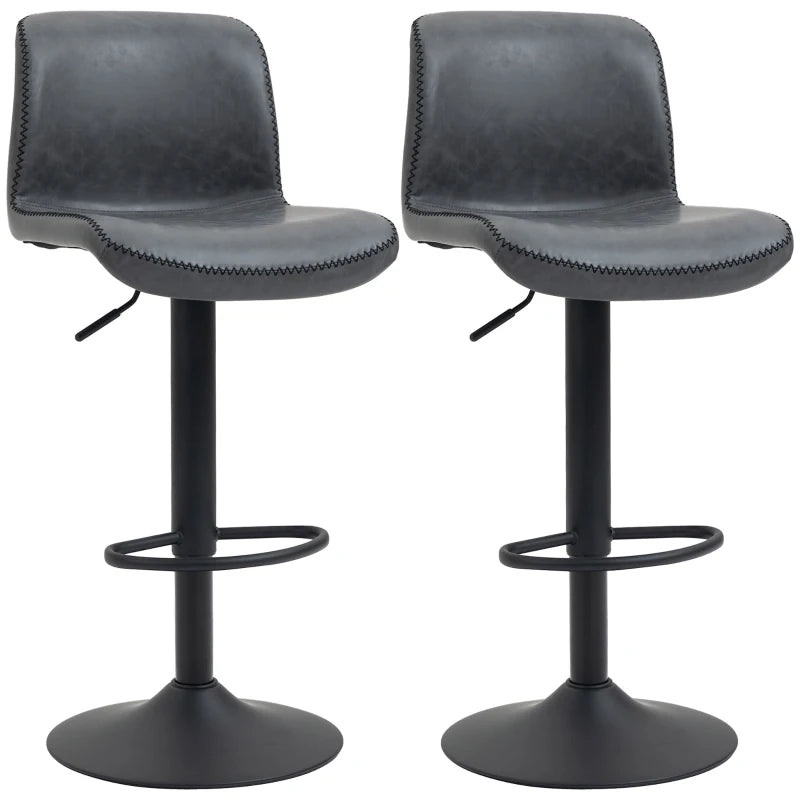 Set of 2 Dark Grey PU Leather Bar Stools with Backrest & Footrest for Kitchen, Counter & Breakfast Bar