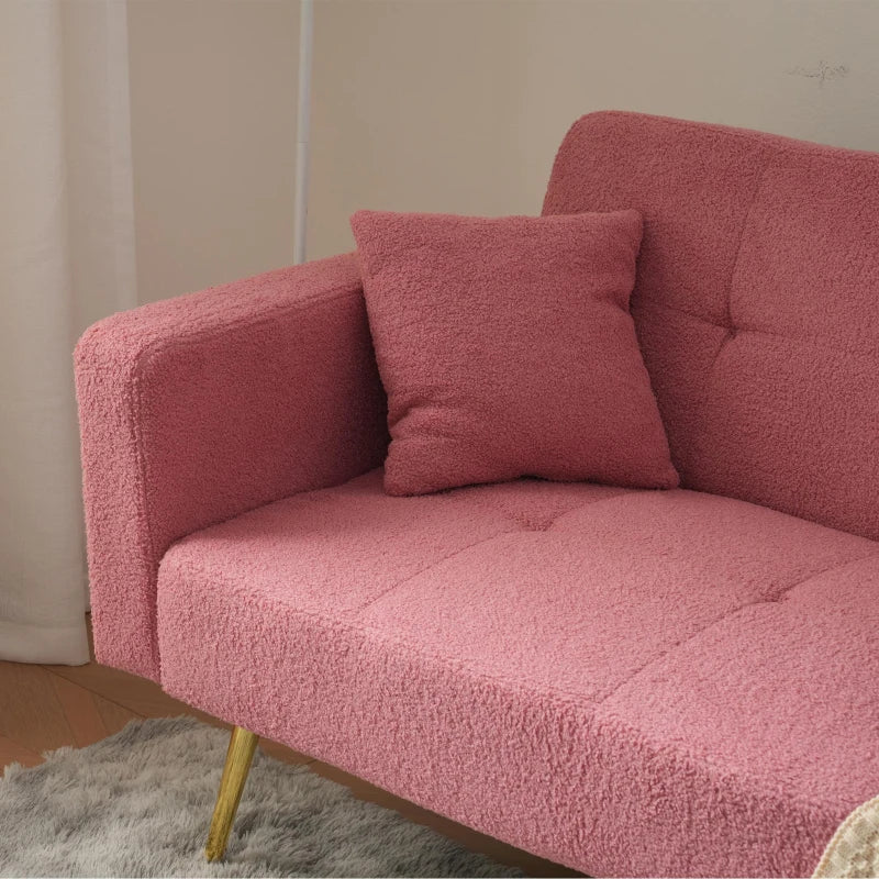 Adjustable Backrest Sofa Bed with Gold Legs and Side Pockets, Sherpa Fabric, Pink, 176L x 64W x 75H cm