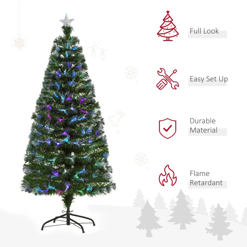 5FT Multicoloured Artificial Christmas Tree with Fibre Optic Lights, Pre-Lit Modes, Metal Stand & Star Holder - Festive Home Decoration