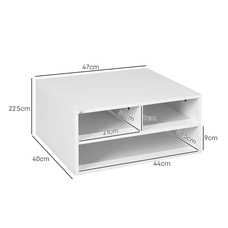 Three-Compartment White Printer Storage Cabinet - Stylish Organization for Home Office, Compact Design, Easy Access Shelves