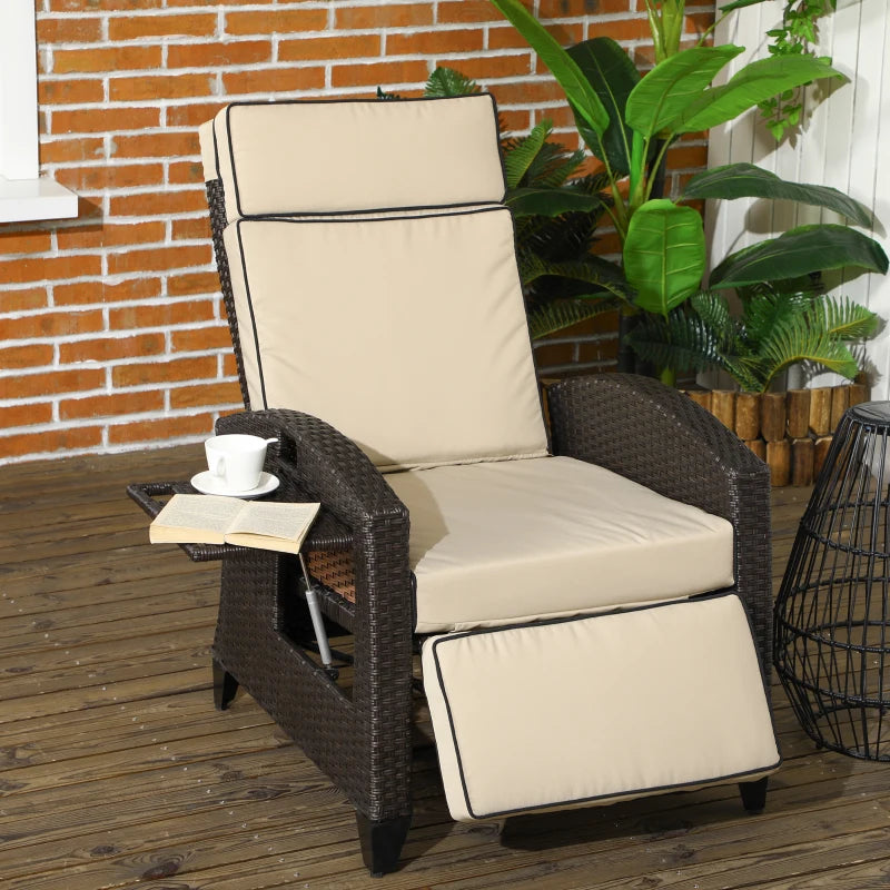 Khaki Outdoor Recliner Chair with Adjustable Backrest, Footrest, Cushion & Side Tray