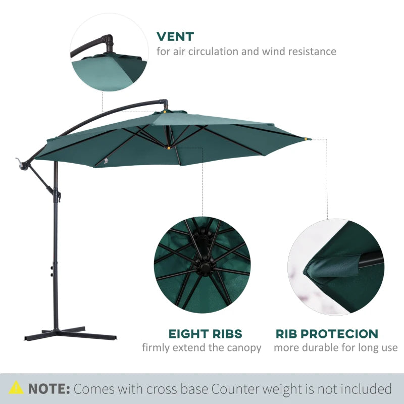 Dark Green Hanging Cantilever Umbrella with Crank Handle - Outdoor Sun Shade