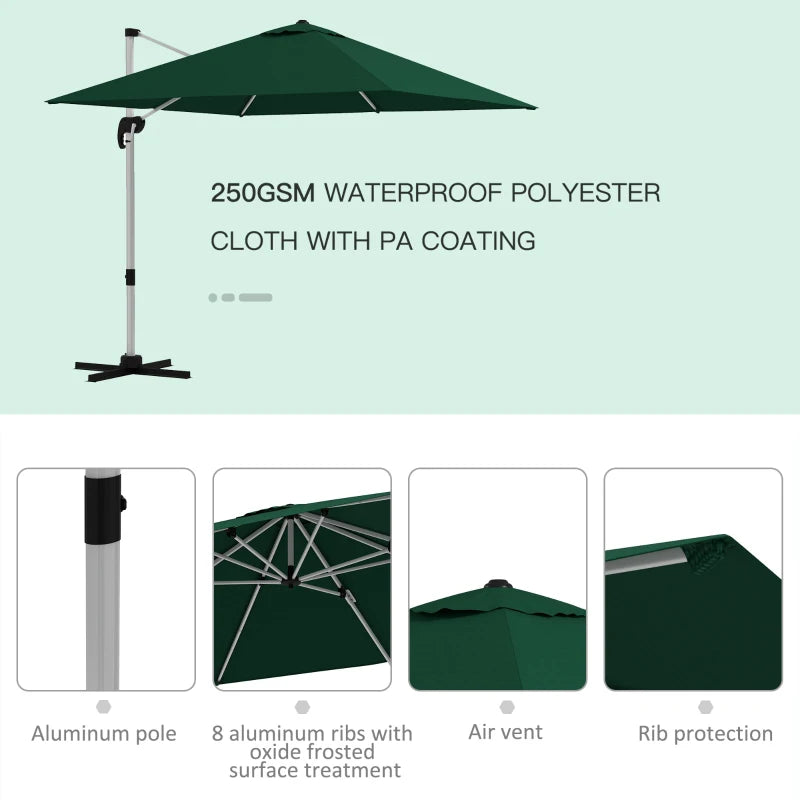 3m x 3m Square Cantilever Parasol with Cross Base - Aluminium Frame