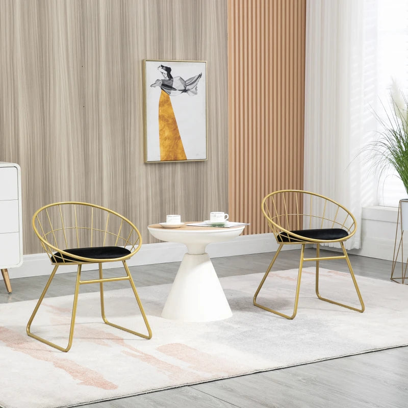 Modern Dining Chairs Set of 2 - Velvet Cushion, Round Back, Metal Wire Frame, Stylish Gold Accent for Kitchen & Living Room