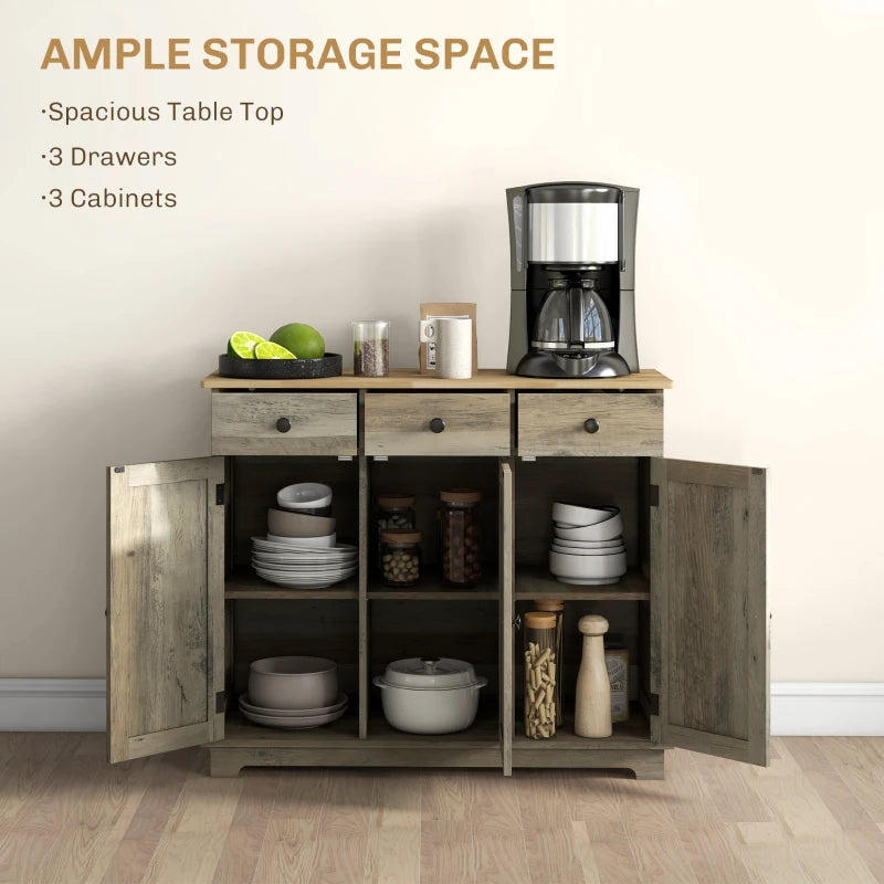 Modern Grey Wood-Effect Sideboard with Rubber Wood Top, 3 Doors, 3 Drawers & Adjustable Shelves - Stylish Storage Cabinet for Dining & Living Room