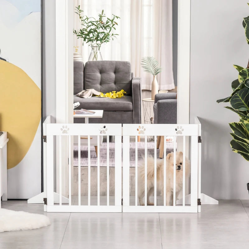 Freestanding 4-Panel Wooden Pet Gate - Folding Dog Barrier Safety Fence, 204cm Long, 61cm Tall for Doorways & Stairs - White